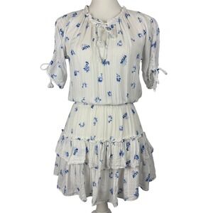 Musette White Blue Floral Ruffle Tiered Size S Mini Dress Smocked Waist Tie Neck